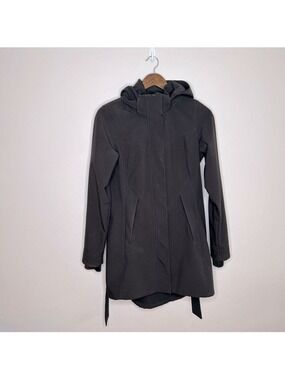 Cloudveil Black Small Hooded Belted Midi Length Rain Jacket